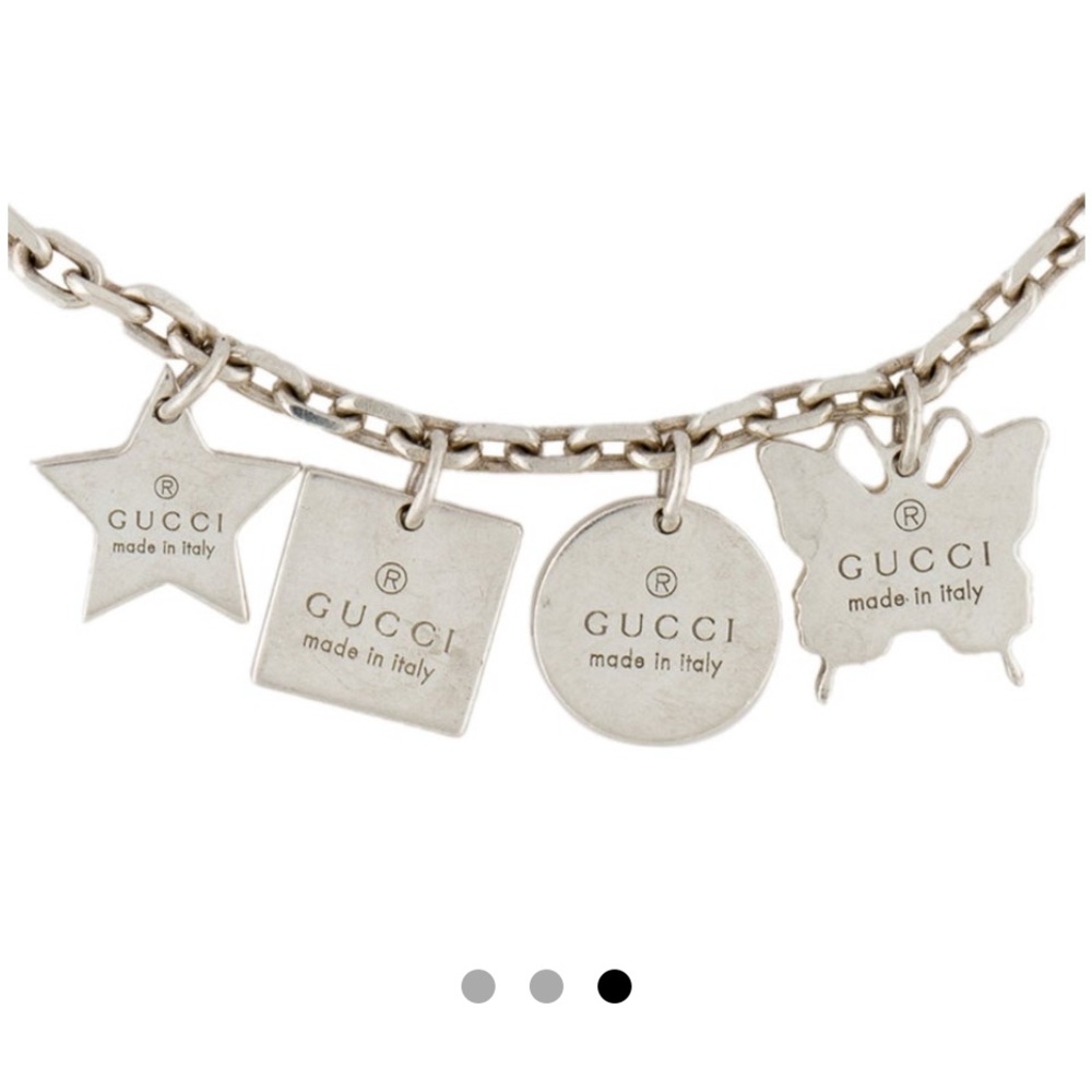 GUCCI Logo Sterling Silver Charm Bracelet Heart Square Circle Butterfly NEW - Picture 2 of 3
